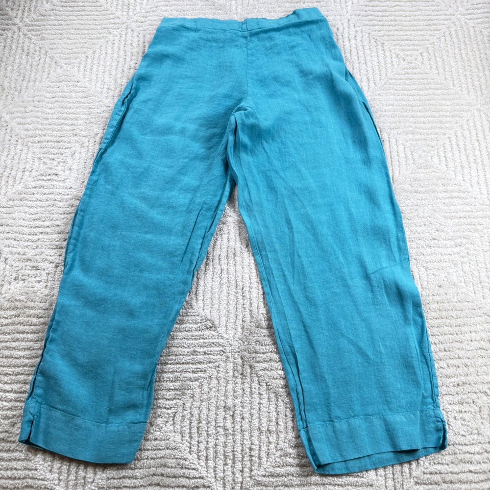 Bryn Walker Linen Pants Women S Turquoise Blue Wide Leg Cropped Lagenlook Resort